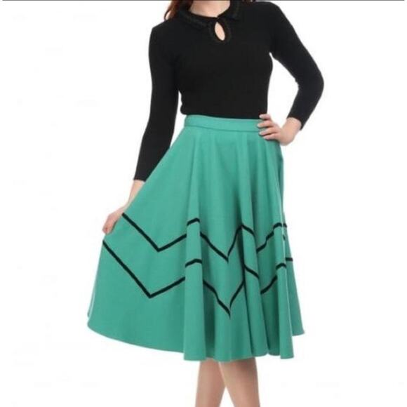 Collectif Milla Teal Chevron Black Velvet Stripe Knee Length Swing Skirt Size XS - Picture 1 of 8